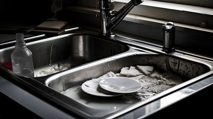 Dirty washing up in sink
