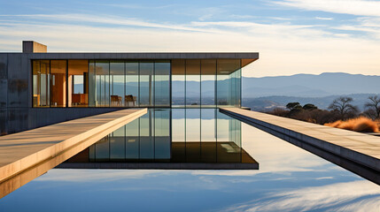 Fototapeta premium Modern house with large windows, integrated into nature. Space for silence and concentration in a minimalist house.