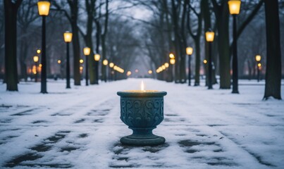 Candle on the street in winter with lanterns in the background