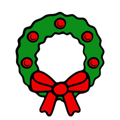 Christmas wreath on the door. Red balls, bow, ribbon. Decoration, decorate, new year, eve, december 25, winter, holiday atmosphere, celebrate, family celebration, traditions. Colorful icon