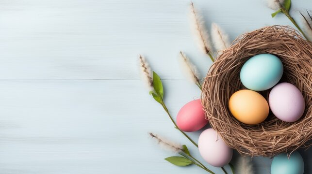 Easter celebration concept. Female hands holding wicker basket with colored eggs. Springtime minimalistic flat lay
