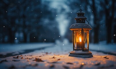 Lantern in the snow on a winter night. Christmas background.