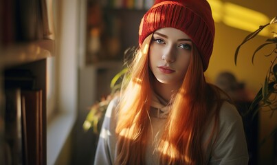 Portrait of a beautiful red-haired girl in a red hat and coat sitting at the window.