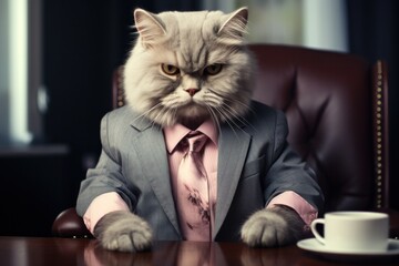 Business cat in a suit sitting at a desk in an office.