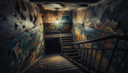 Fototapeta na wymiar Descent into the Unknown: The Backrooms' Stairwell