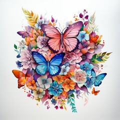 Watercolor painting of beautiful colorful butterflies and flowers..