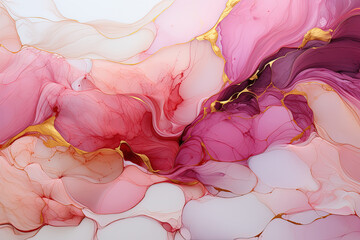 Pink golden line with alcohol ink marble abstract background, Generative Ai