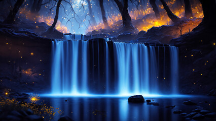 蛍のオレンジ色の光が乱舞する夜の神秘的な森にある美しい滝　AI生成画像