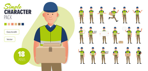 Simple flat delivery driver courier worker vector character in a set of multiple poses. Easy to edit and isolated on a white background. Modern trendy style character mega pack with lots of poses.