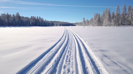 Fototapeta na wymiar Freshly Made Ski tracks for cross-country skiing on Frozen Lake Oulujrvi in Deep Winter near Kajaani in Central Finland. 