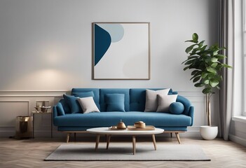 Blue sofa against white wall with art poster frame Mid-century style interior design of modern living room