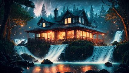 滝の音と蛍の光が心地よい夜の森に隠れた水辺の家　AI生成画像 - obrazy, fototapety, plakaty
