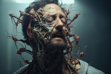 Generative AI, man with cordyceps growing on and out of his face and head, zombie - obrazy, fototapety, plakaty