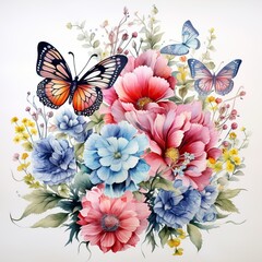 Watercolor painting of beautiful colorful butterflies and flowers..