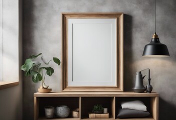 Empty mock-up poster frame on concrete wall above wooden cabinet Rustic style interior design