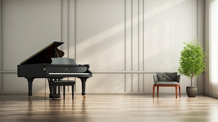 Grand piano and bench in empty room.
