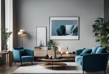 Interior of living room with coffee table and blue armchair mock up poster on the wall Home design 