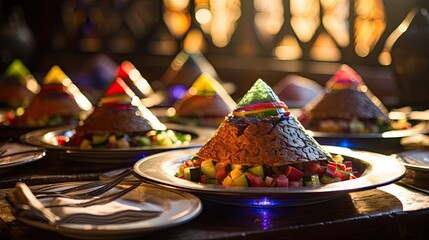 Gropu of Colorful Arabic lamps A restaurant near the pyramids in Giza serves a traditional Middle Eastern lunch with chicken kebabs, kofta meatballs, and rice formed into the shape of a pyramid.
 - obrazy, fototapety, plakaty