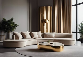 Minimalist home interior design of modern living room Luxury curved sofa and golden coffee table