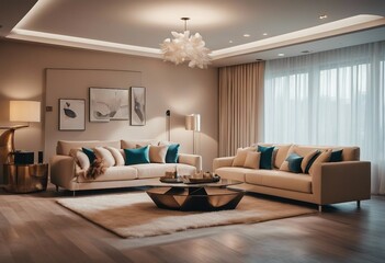 Pop art style interior design of modern living room with two beige sofas