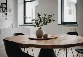 Round live edge dining table Interior design of modern minimalist dining room