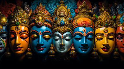 hindu deities montage colorful faces statue