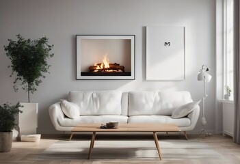 Two white sofas near fireplace against white wall with wooden cabinet and art poster Scandinavian