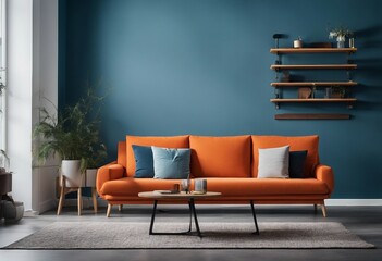 Vibrant orange sofa near blue wall with wooden cabinet and shelves Scandinavian interior design