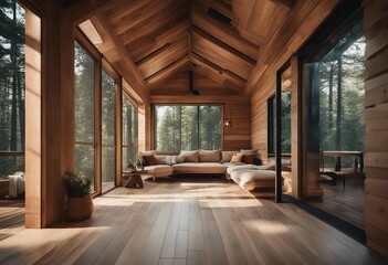 Wooden house in forest Interior design of modern living room with wooden lining