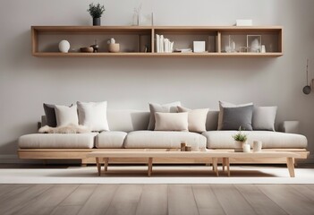Fototapeta na wymiar Wooden shelving unit on white wall behind cozy sofa Scandinavian interior design of modern stylish living room