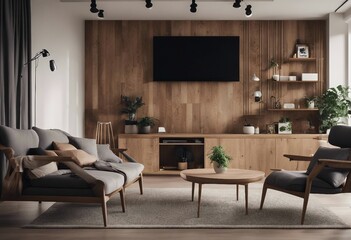 Wooden wall unit and armchair near it Scandinavian style interior design of modern living room