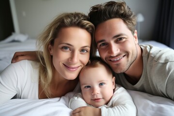 Obraz premium a Happy Family with a newborn baby, lying on a light bed in a very bright room