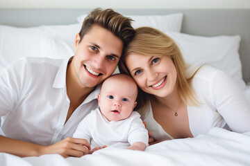 a Happy Family with a newborn baby, lying on a light bed in a very bright room
