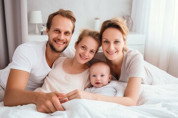 Fototapeta na wymiar a Happy Family with a newborn baby, lying on a light bed in a very bright room
