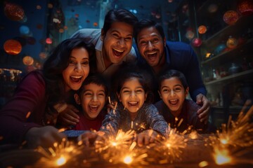 Happy Indian family celebrating Diwali festival with fire crackers. Diwali festival concept
