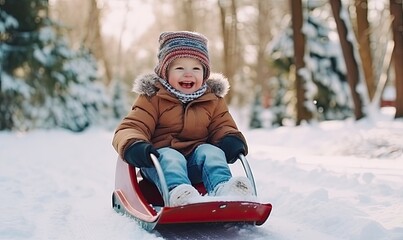 Fototapeta na wymiar Child's Exciting Sled Ride in Winter Wonderland