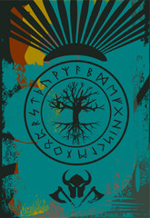 Retro Wikinger Hintergrund mit Symbolen der Nordischen Kultur