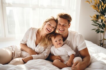 Fototapeta premium a Happy Family with a newborn baby, lying on a light bed in a very bright room