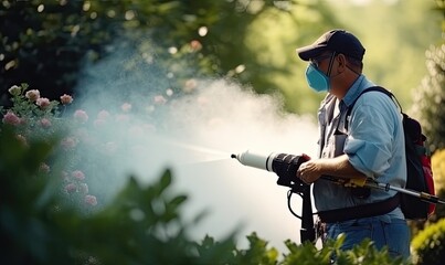 Spraying Weed Killer: A Man in Blue Shirt Tending to Garden - obrazy, fototapety, plakaty