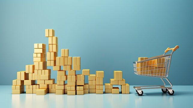image of vertical bar graph made out of golden cubic blocks with shopping carts standing on them against light blue background. Inflation concept.
