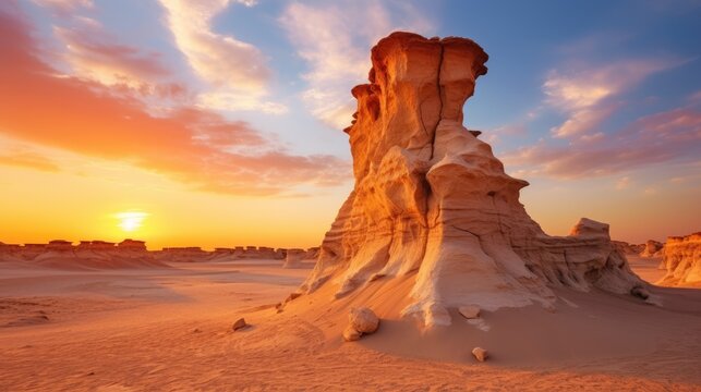Incredible Sunset with incredible stone Chimney form at white desert near bahariya desert near cairo Egypt
