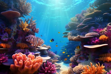 A vibrant coral reef teeming with colorful marine life.