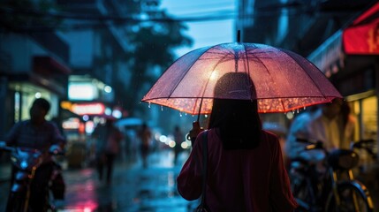 It's raining heavily, wearing an umbrella during the rainy season

