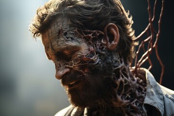 Generative AI, man with cordyceps growing on and out of his face and head, zombie