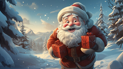 Illustration of happy Santa Claus with gift boxes in hands in a hurry to deliver Christmas presents, in a snowy forest