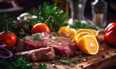 Slices of raw meat, orange and basil on a cutting board