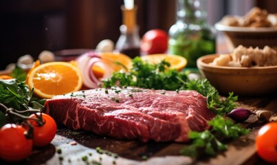 Slices of raw meat, orange and basil on a cutting board