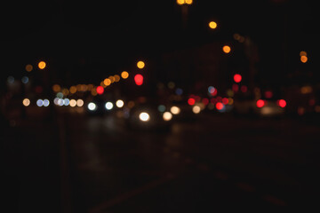 Urban view on Hong Kong city night highway with cars and street blurred lamps. Abstract stylish...