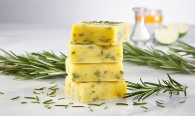 Cheese with rosemary on a white background. Selective focus.