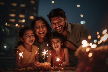 Obraz na płótnie Canvas Happy Indian family celebrating Diwali festival with fire crackers. Diwali festival concept